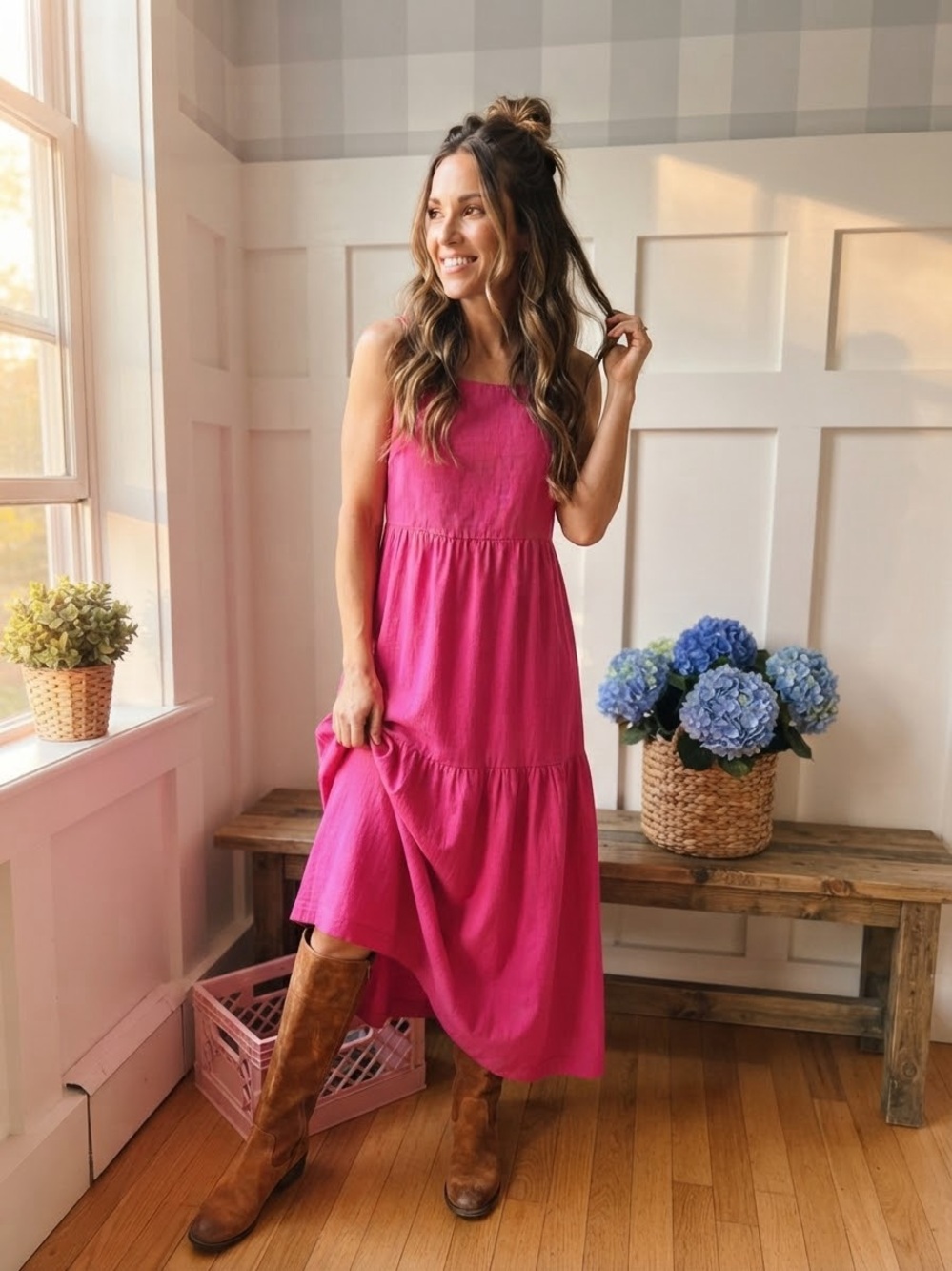 RW&CO. Hot Pink Sleeveless Tiered Midi Dress 8